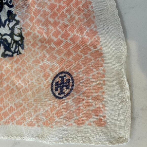 Tory Burch Inspired Lightweight Nature Print Viscose Blend Scarf Navy Peach OS - Picture 5 of 12